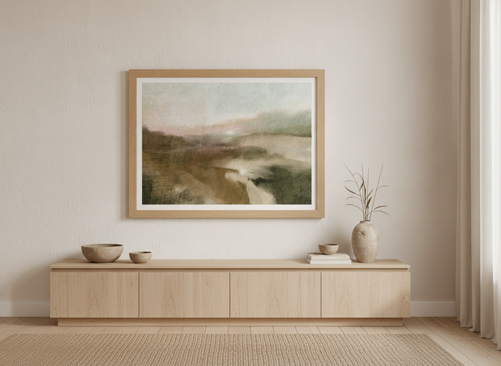 Modern wall art print styled on the wall in a warm Japandi living room