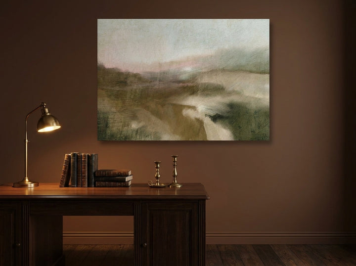 Stretched canvas wall art styled on the wall in a moody home office