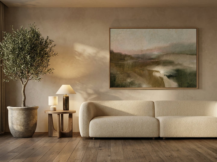 Oversized statement modern wall art print styled on the wall in a luxe living room