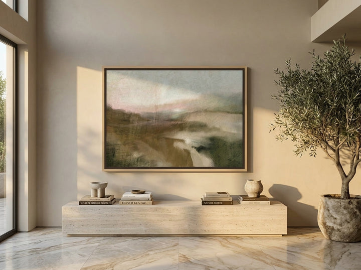 Oversized statement canvas wall art with a natural timber surround styled on the wall in a luxe living room