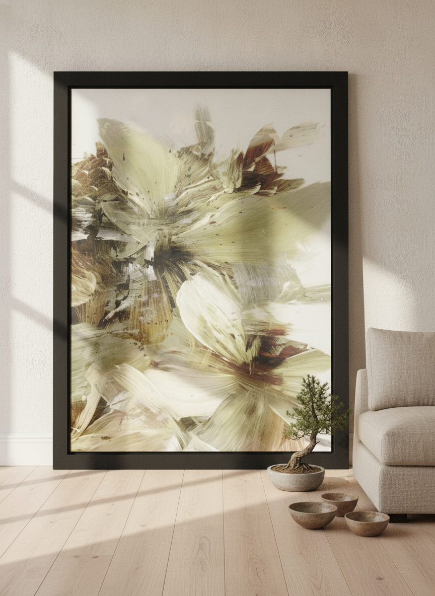 Oversized statement modern wall art print leaning against the wall in a warm Japandi bedroom