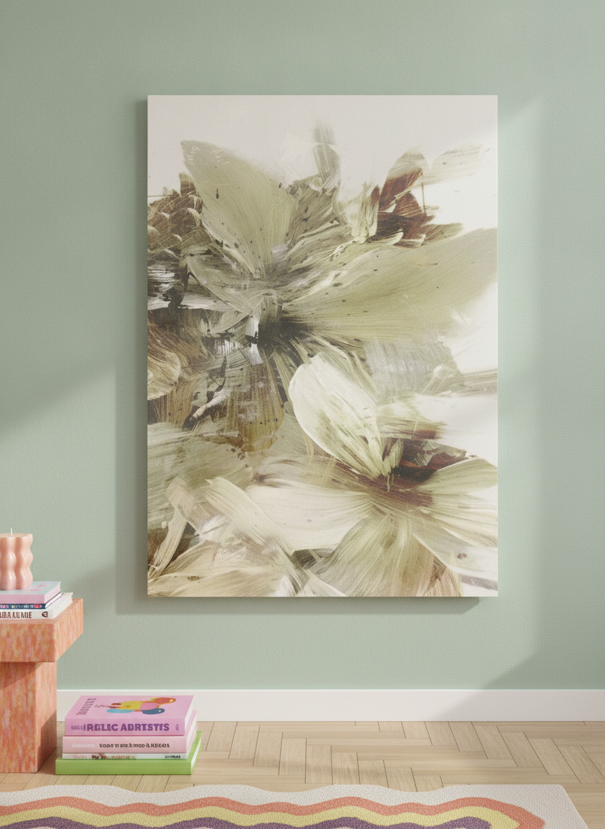 Stretched canvas wall art standing on a side table in a colourful eclectic home office