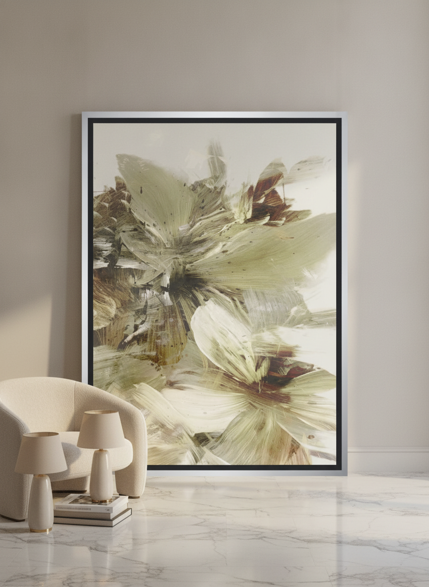 Oversized statement canvas wall art with a silver leaf surround leaning against the wall in a luxe bedroom