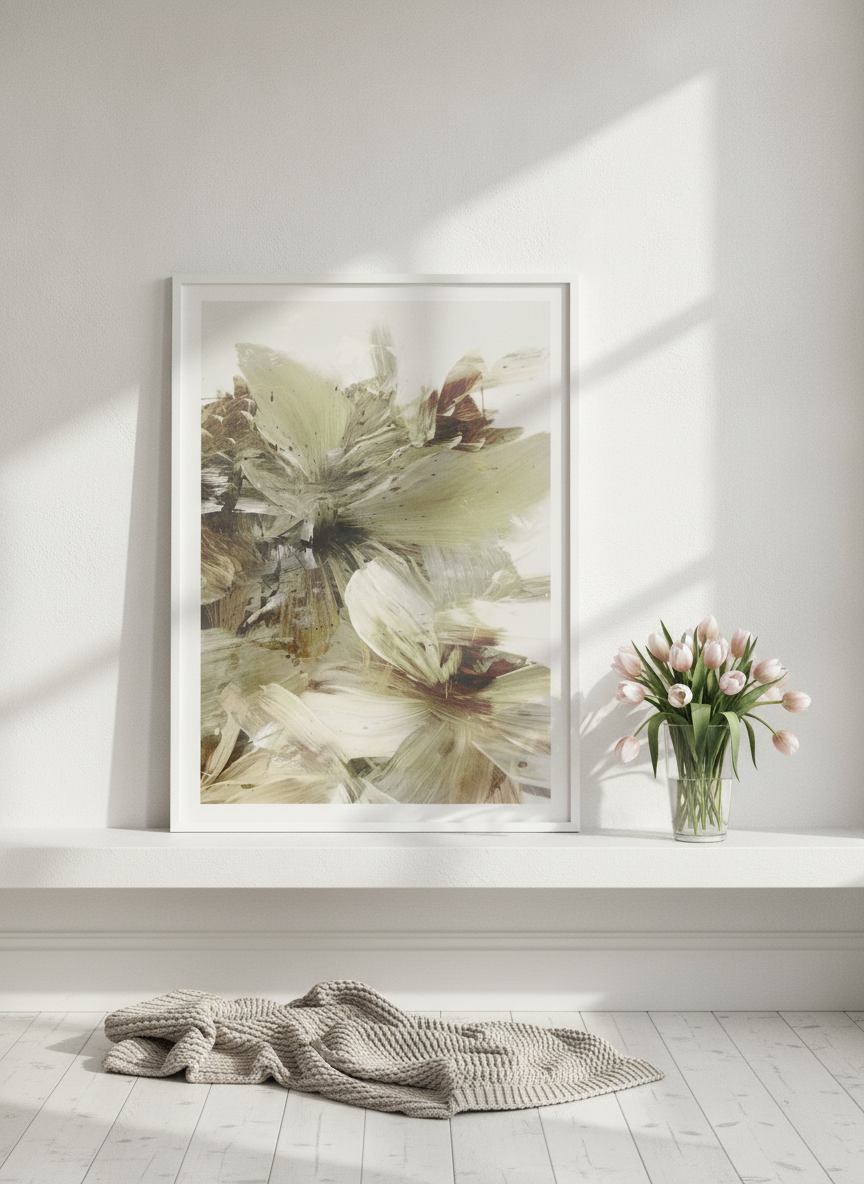 Modern wall art print standing on a shelf in a bright Scandinavian home office