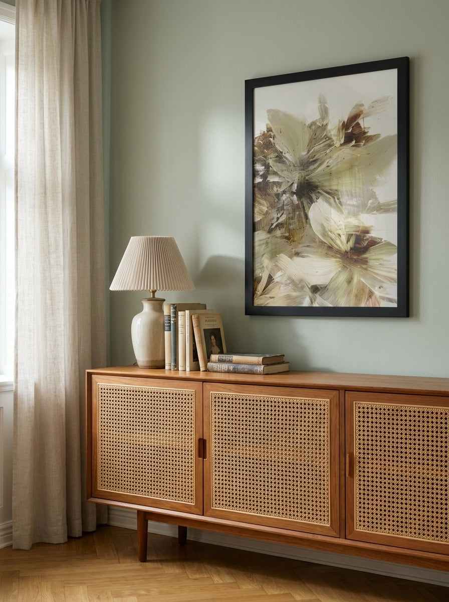 Modern wall art print styled on the wall in a mid-century living room