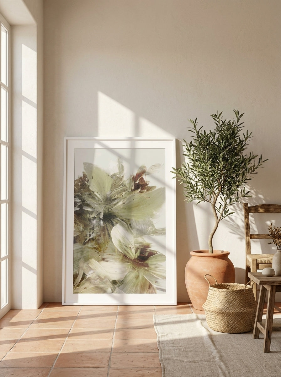 Modern wall art print leaning against the wall in a Mediterranean bedroom
