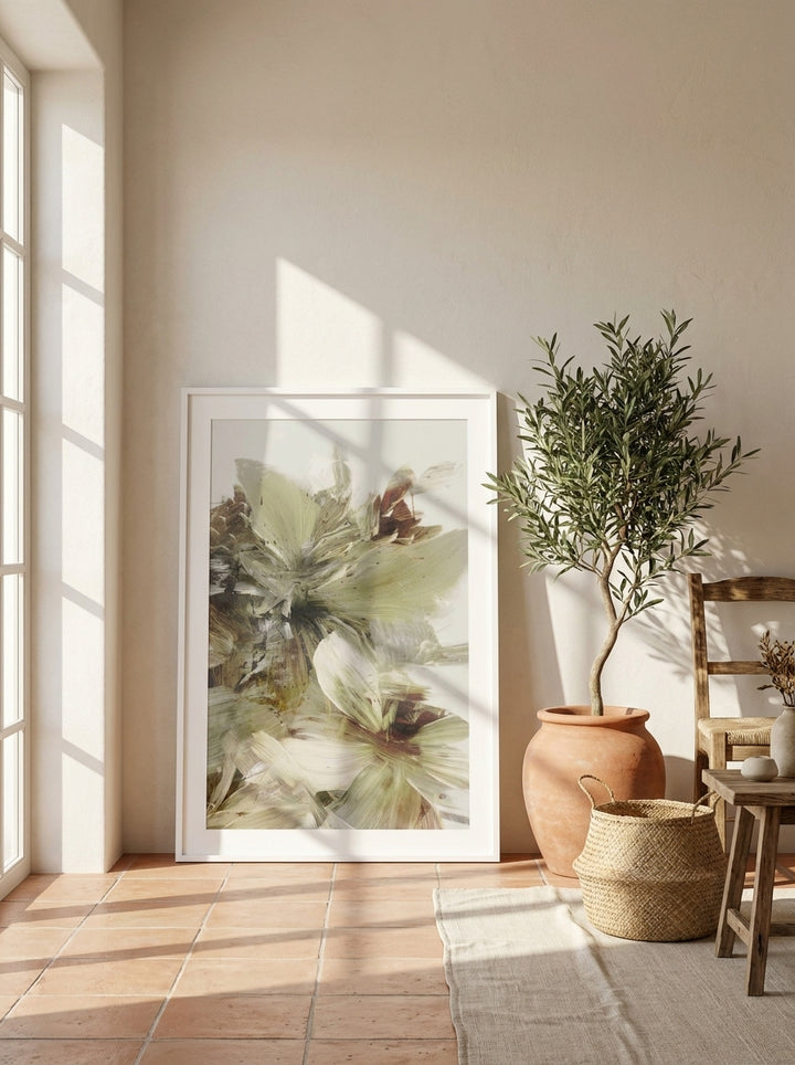 Modern wall art print leaning against the wall in a Mediterranean bedroom