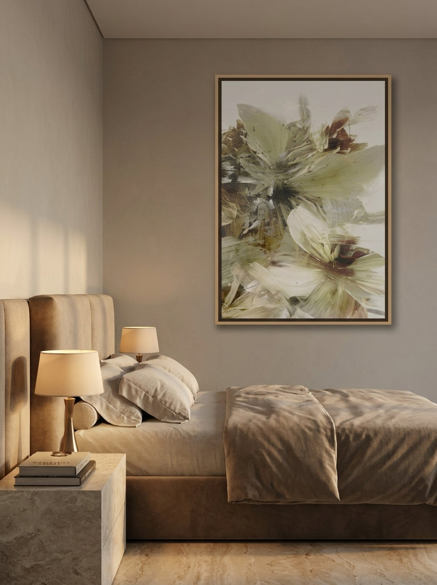 Oversized statement canvas wall art with a natural timber surround styled on the wall in a luxe bedroom