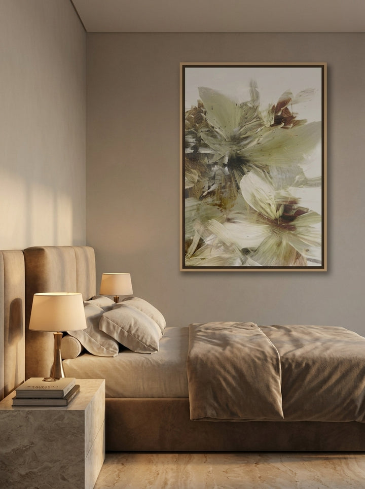 Oversized statement canvas wall art with a natural timber surround styled on the wall in a luxe bedroom