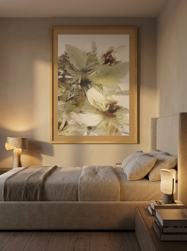 Oversized statement modern wall art print styled on the wall in a luxe bedroom