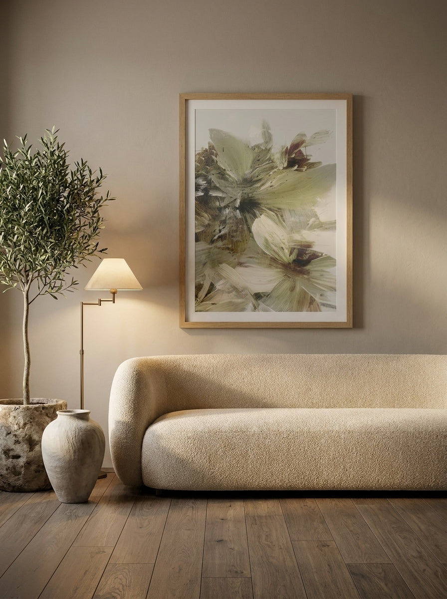 Modern wall art print styled on the wall in a luxe living room