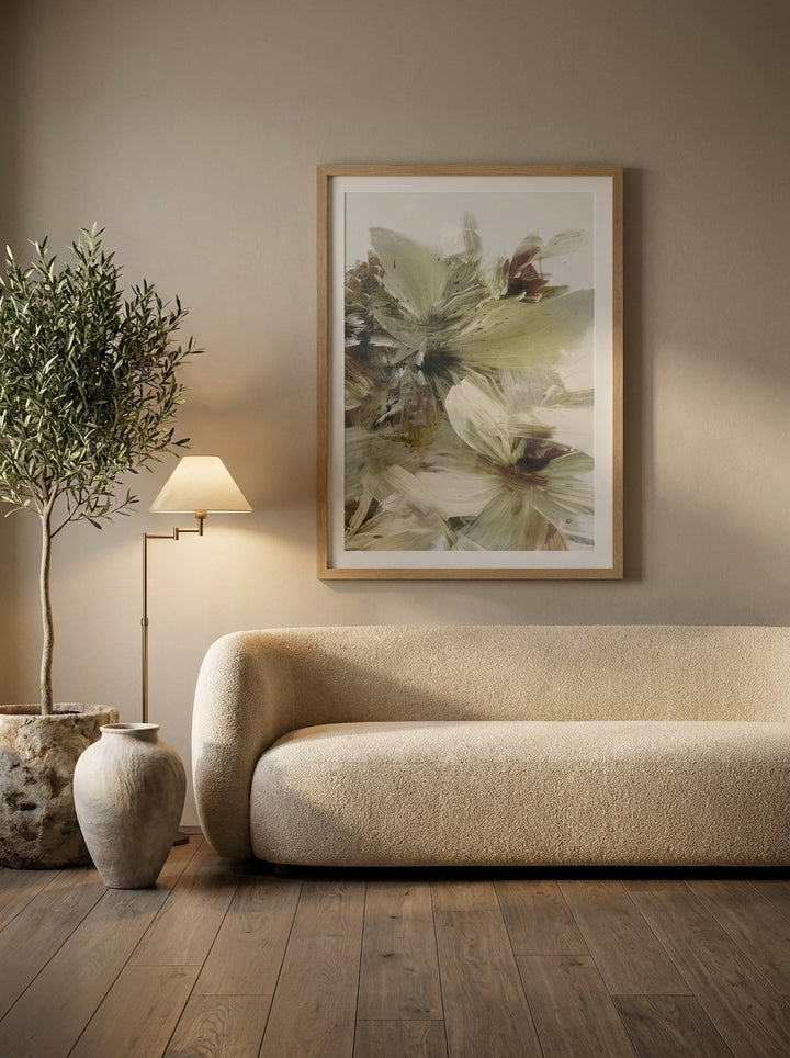 Modern wall art print styled on the wall in a luxe living room