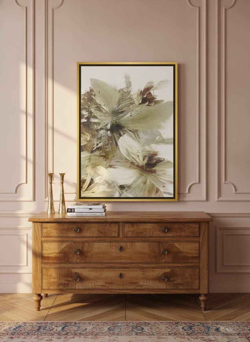 Canvas wall art with a gold leaf surround standing on a sideboard in a Parisian home office