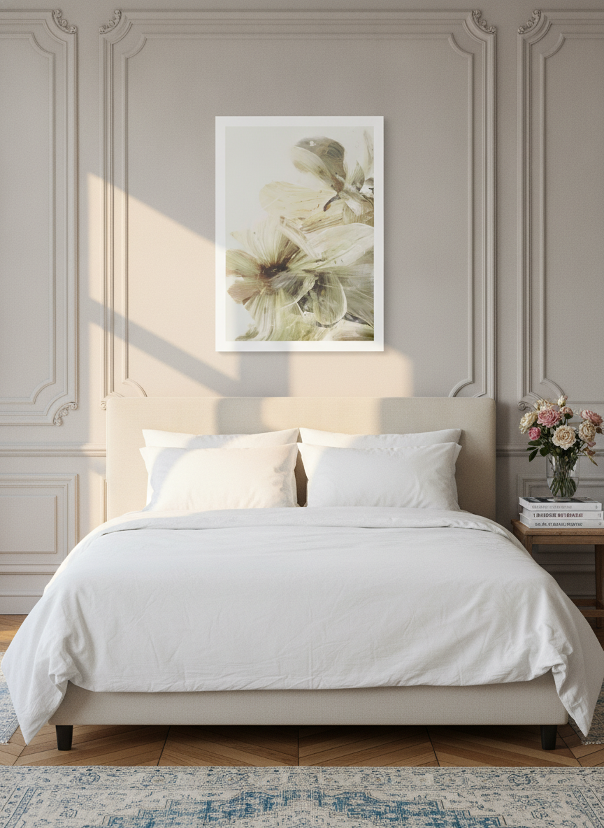 Modern wall art print styled on the wall in a Parisian bedroom