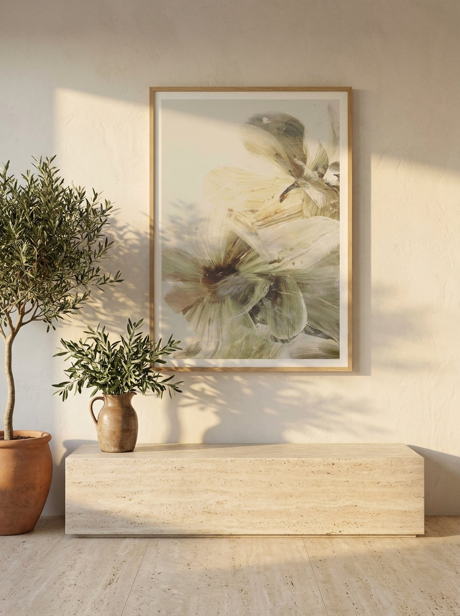 Modern wall art print styled on the wall in a Mediterranean living room