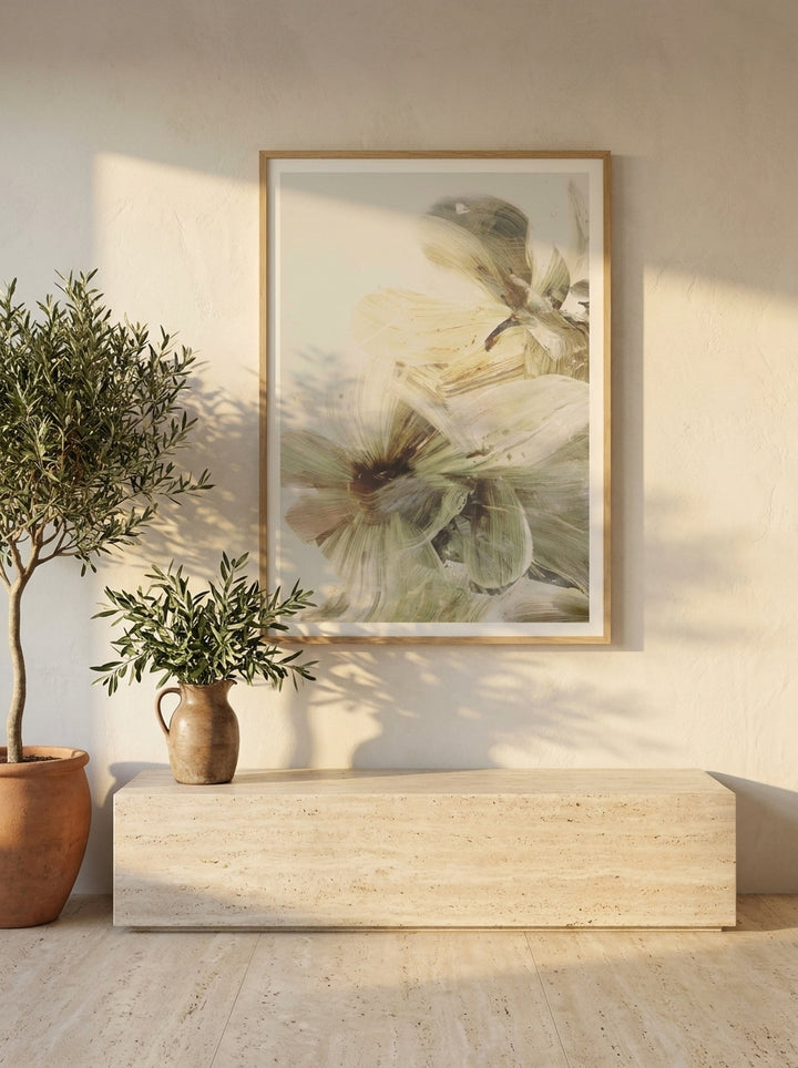 Modern wall art print styled on the wall in a Mediterranean living room