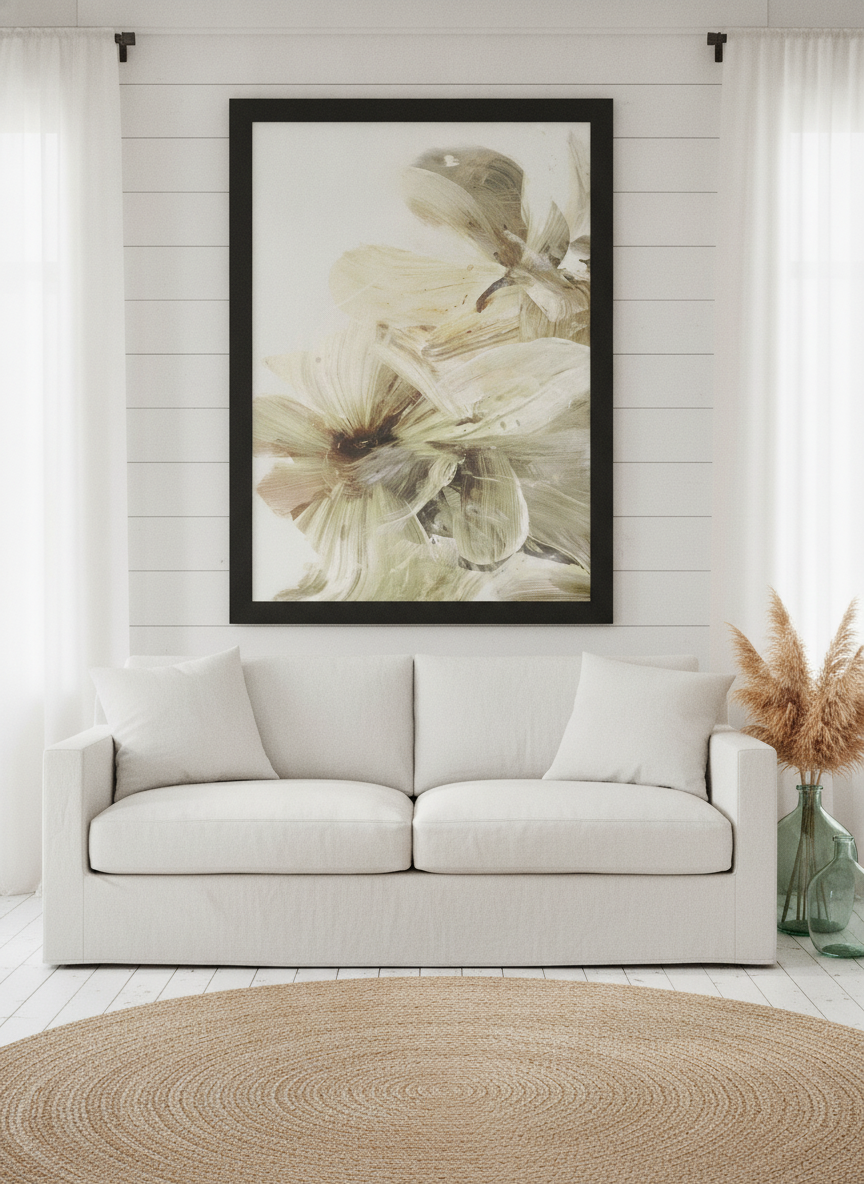 Oversized statement modern wall art print styled on the wall in a coastal living room