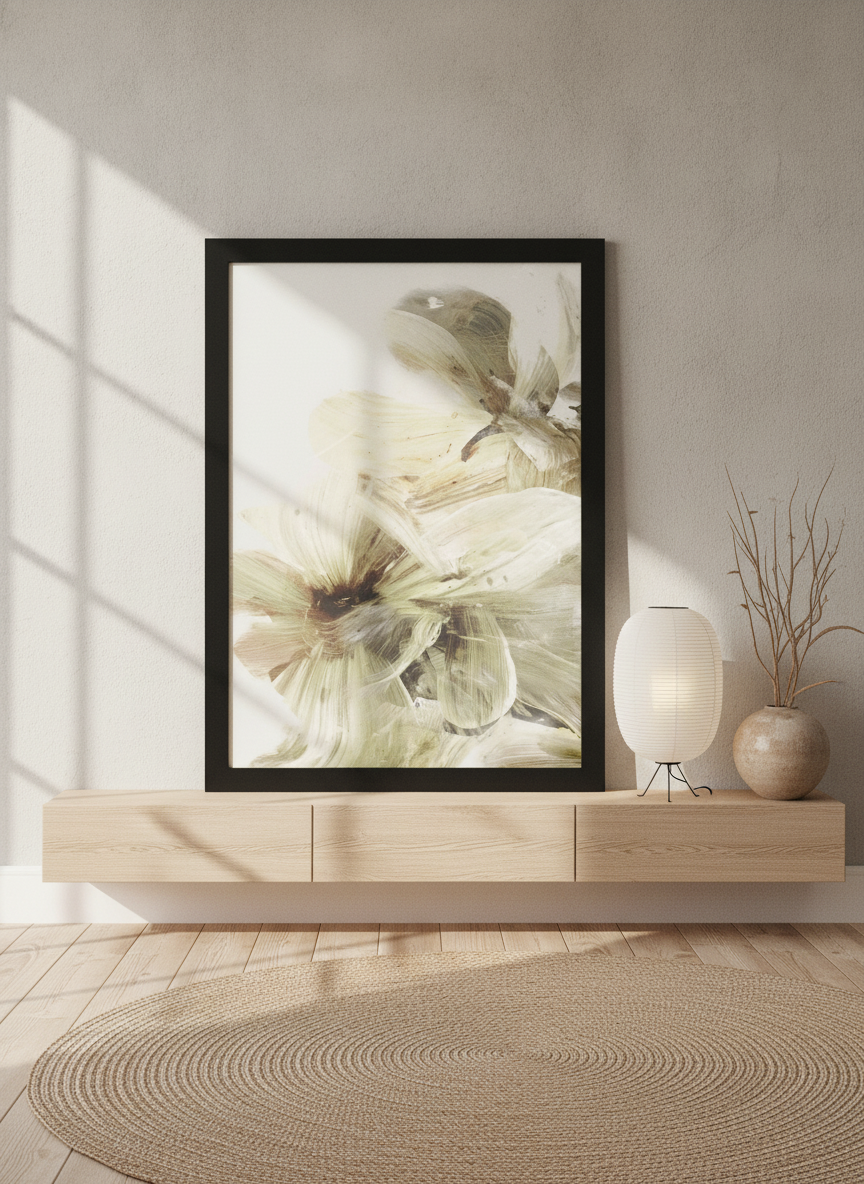 Modern wall art print standing on a sideboard in a warm Japandi bedroom