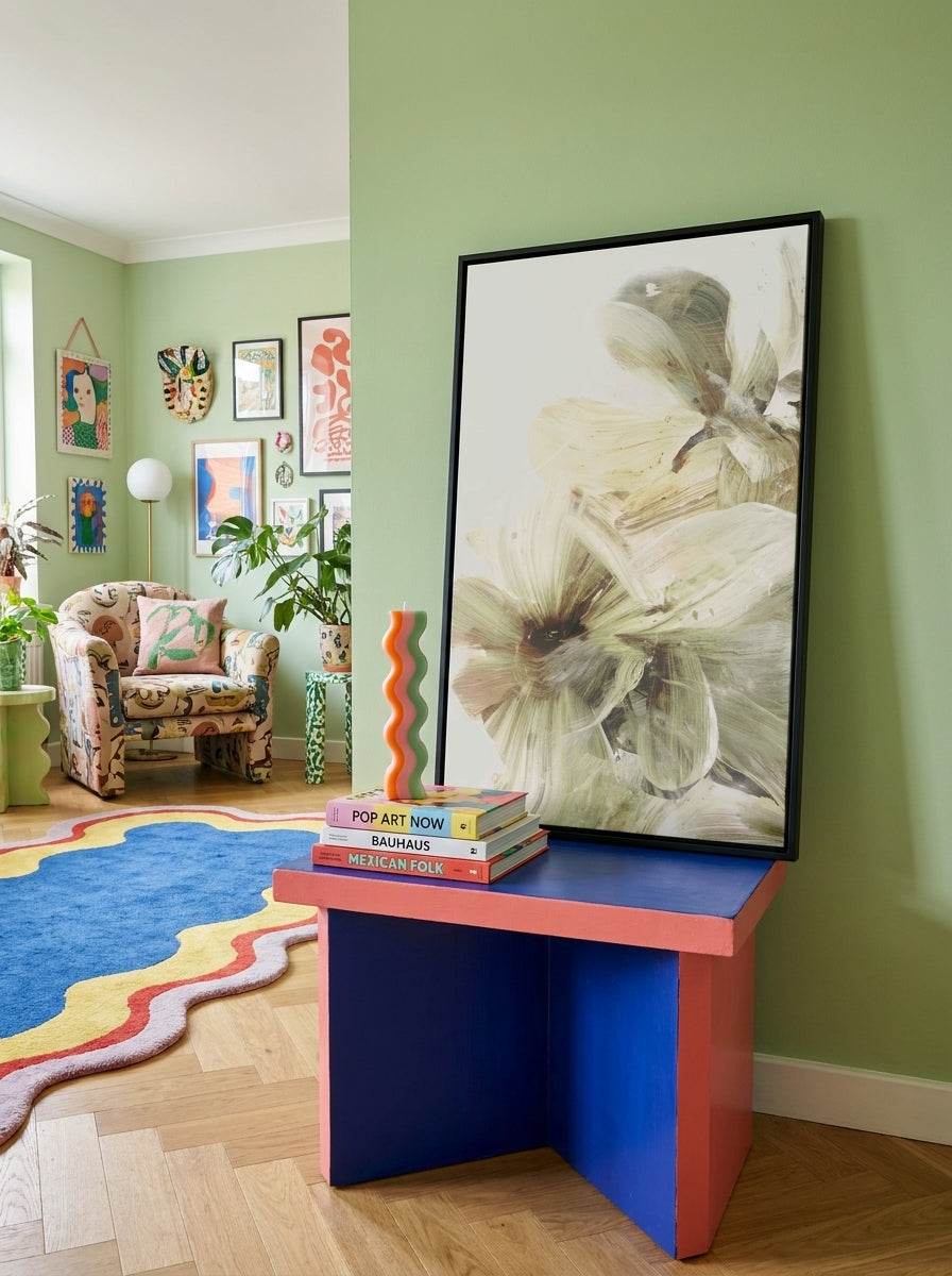 Canvas wall art with a black surround standing on a side table in a colourful eclectic living room