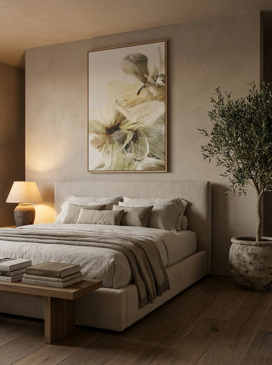 Oversized statement canvas wall art with a natural timber surround styled on the wall in a luxe bedroom