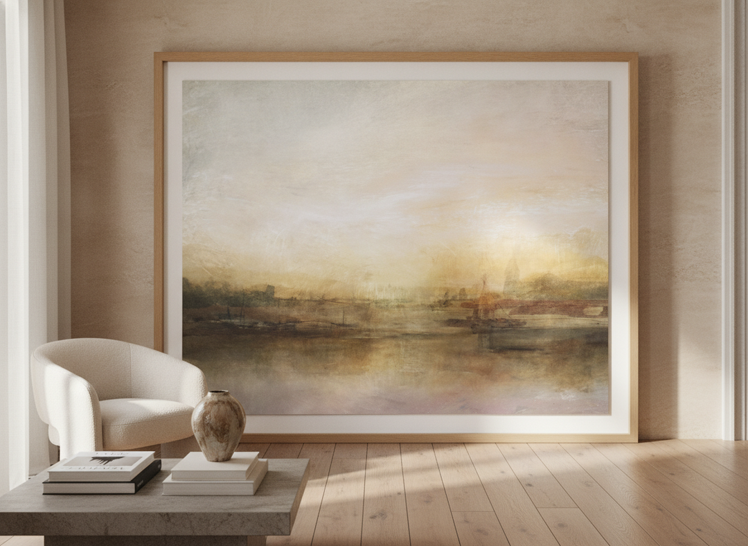 Oversized statement modern wall art print leaning against the wall in a luxe living room