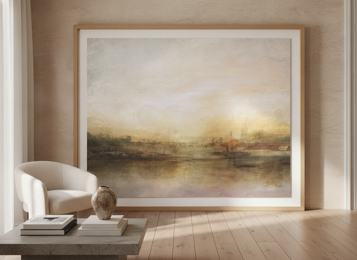 Oversized statement modern wall art print leaning against the wall in a luxe living room