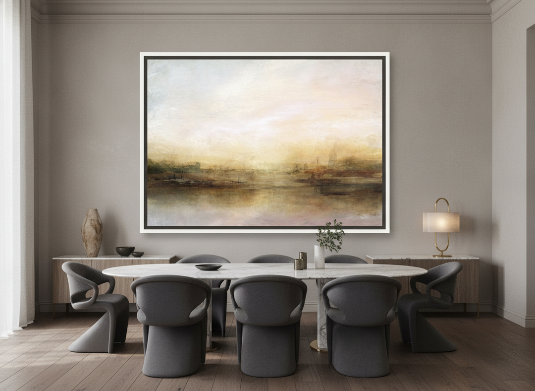 Oversized statement canvas wall art with a white surround styled on the wall in a luxe dining room