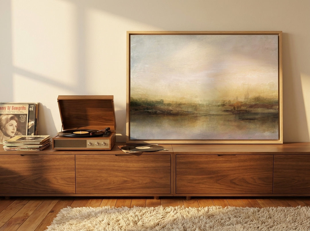 Canvas wall art with a natural timber surround standing on a sideboard in a retro 70s bedroom