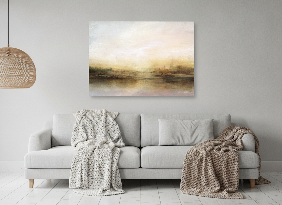 Stretched canvas wall art styled on the wall in a bright Scandinavian living room