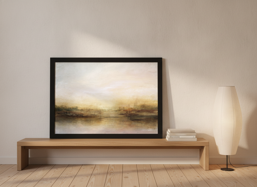 Modern wall art print standing on a bench in a warm Japandi bedroom