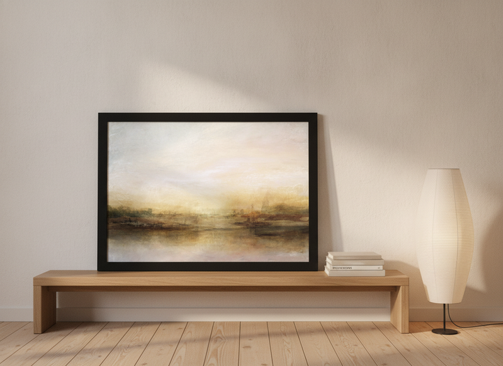 Modern wall art print standing on a bench in a warm Japandi bedroom