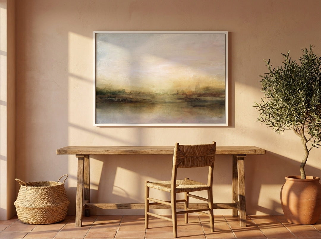 Modern wall art print styled on the wall in a Mediterranean home office