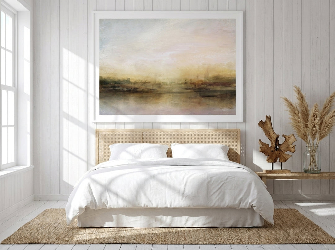 Oversized statement modern wall art print styled on the wall in a coastal bedroom