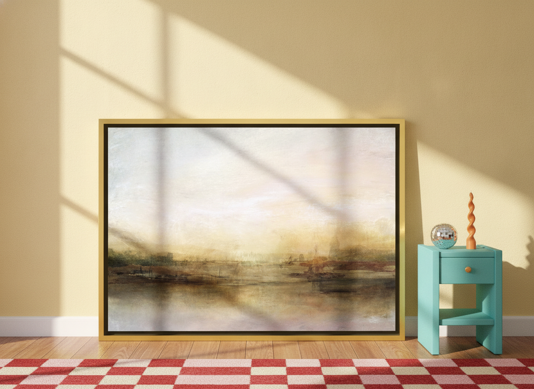 Canvas wall art with a gold leaf surround leaning against the wall in a colourful eclectic dining room