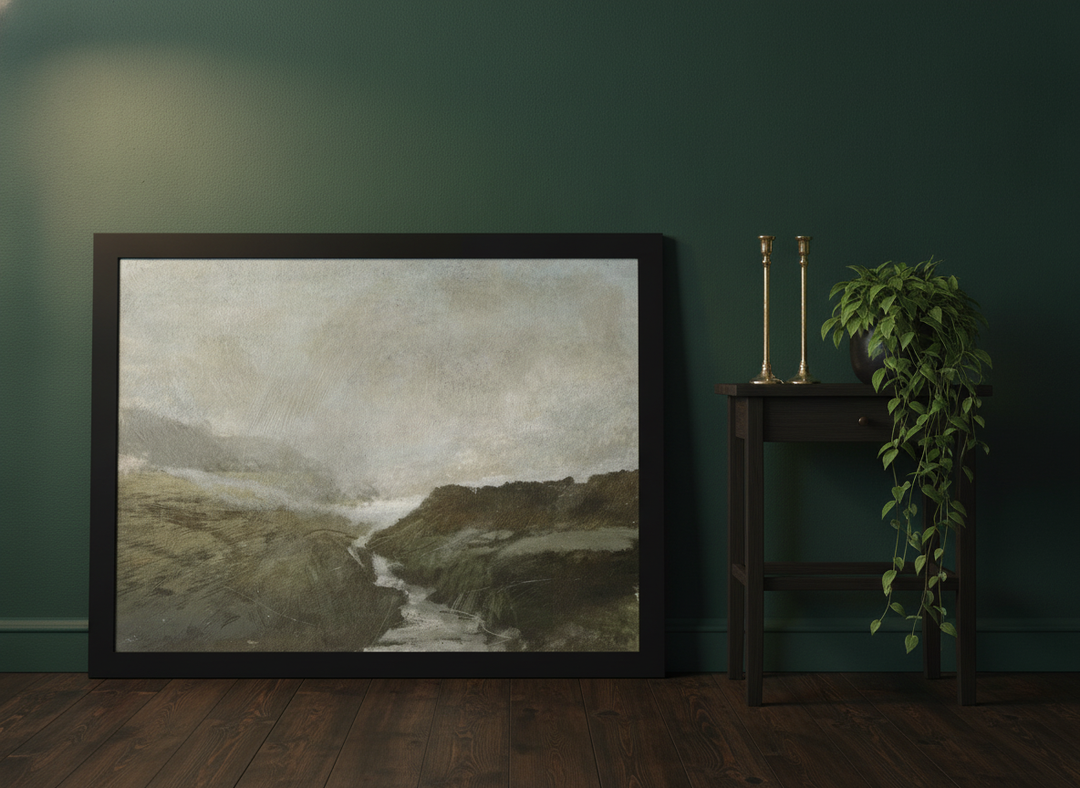Modern wall art print leaning against the wall in a moody bedroom