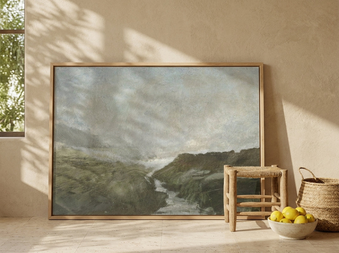 Oversized statement modern wall art print leaning against the wall in a Mediterranean living room