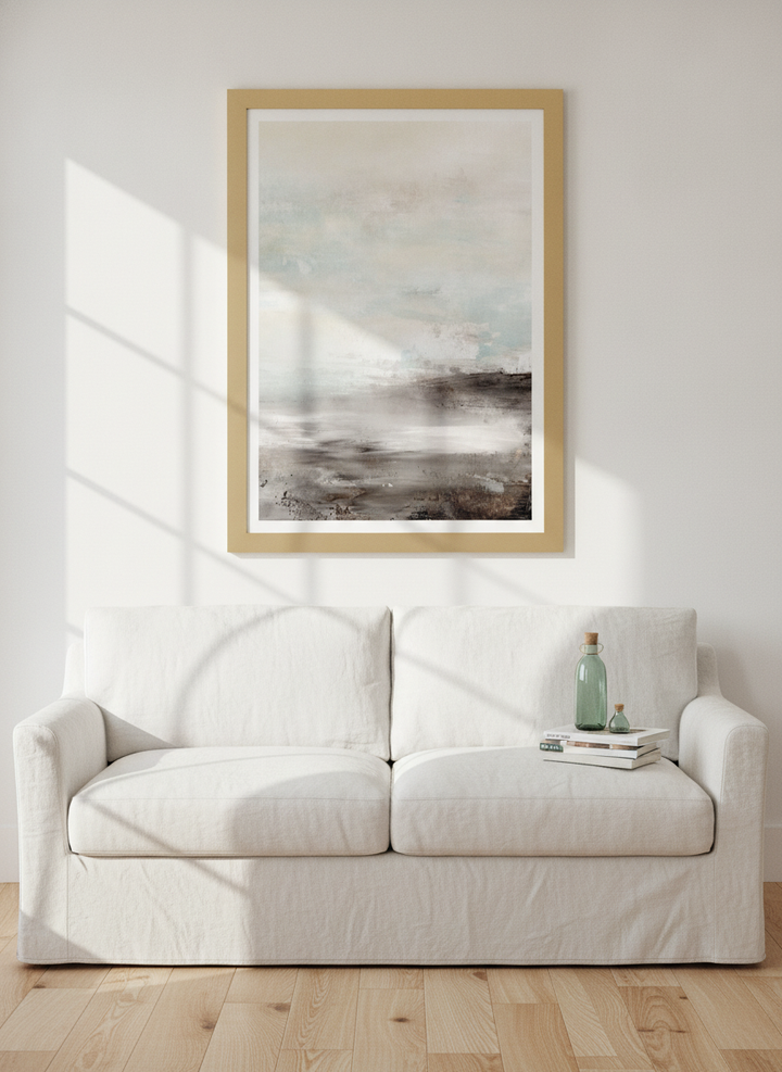 Modern wall art print styled on the wall in a coastal living room