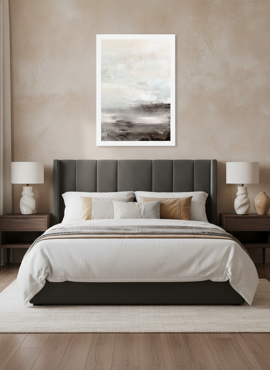 Modern wall art print styled on the wall in a luxe bedroom