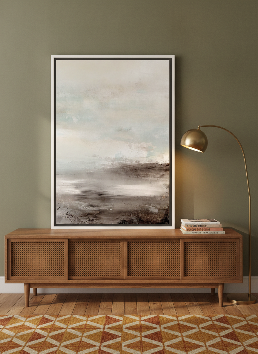 Canvas wall art with a white surround standing on a sideboard in a mid-century bedroom