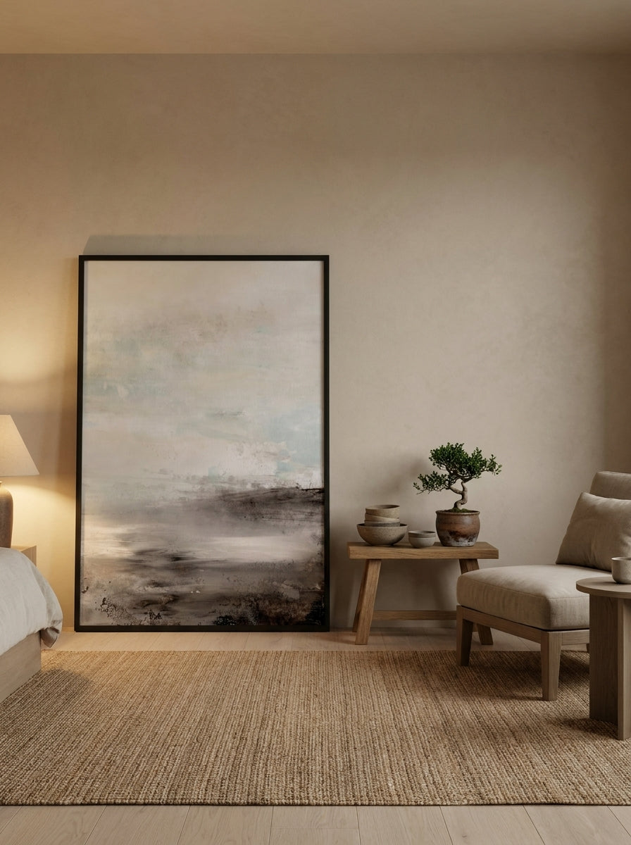 Oversized statement modern wall art print leaning against the wall in a warm Japandi bedroom