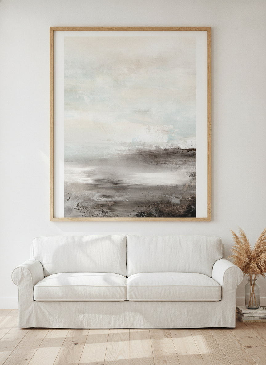 Oversized statement modern wall art print styled on the wall in a coastal living room