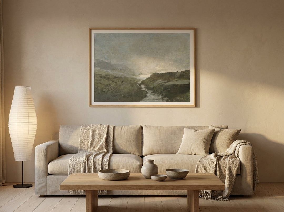 Modern wall art print styled on the wall in a warm Japandi living room