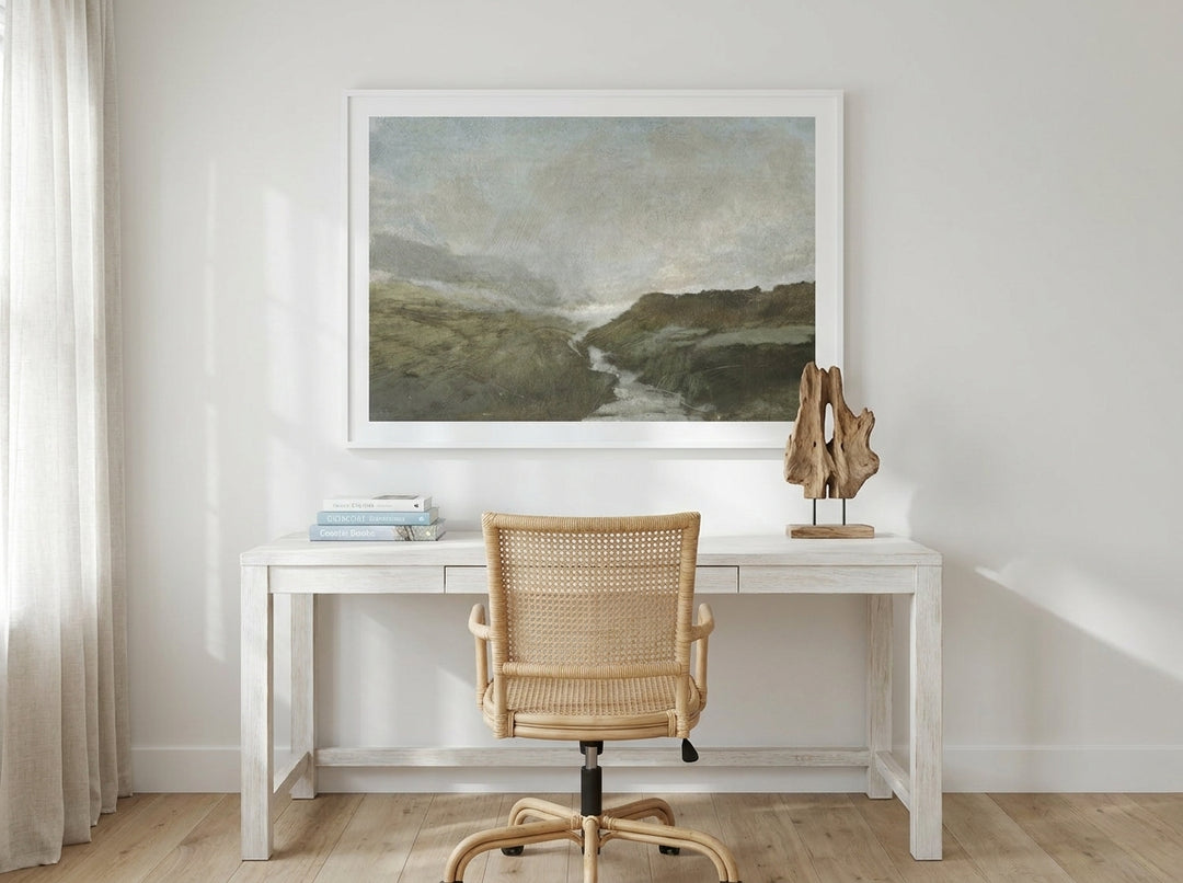 Modern wall art print styled on the wall in a coastal home office