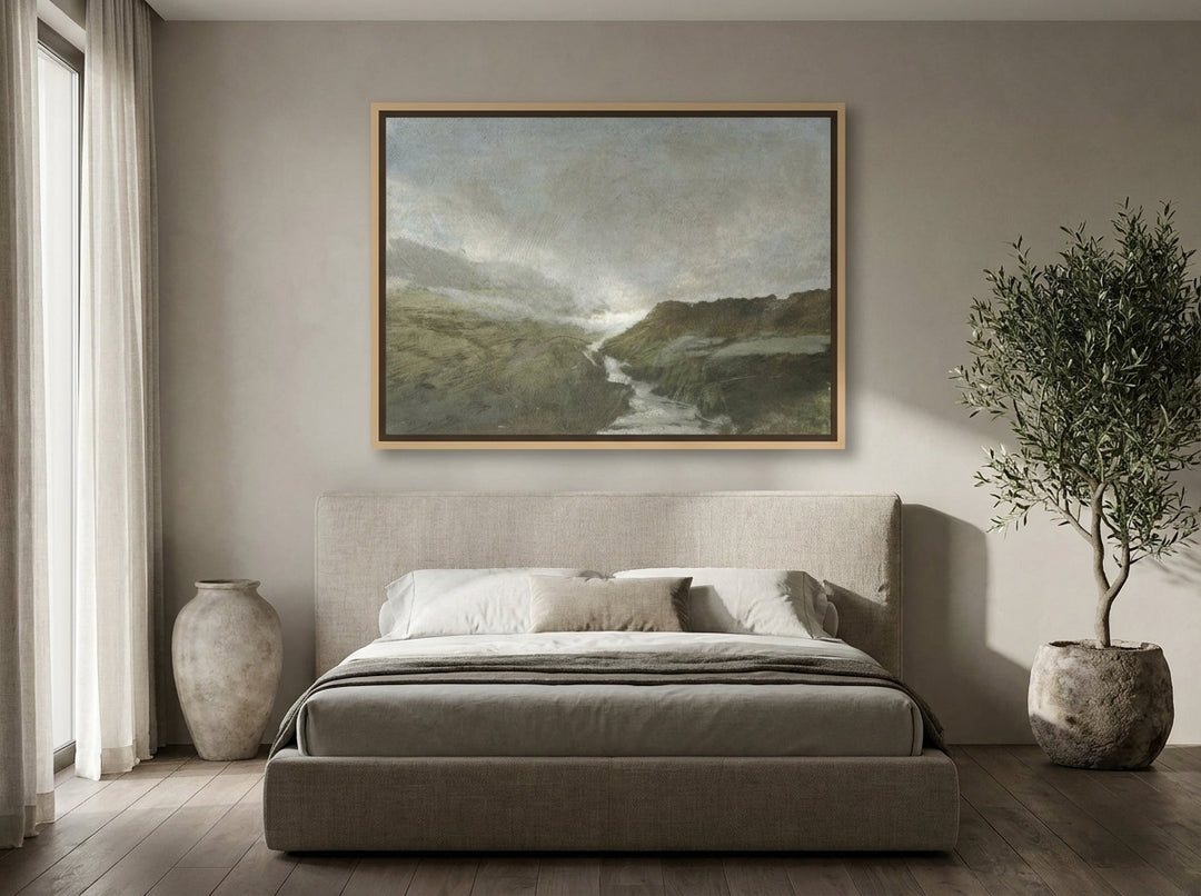 Oversized statement canvas wall art with a natural timber surround styled on the wall in a luxe bedroom