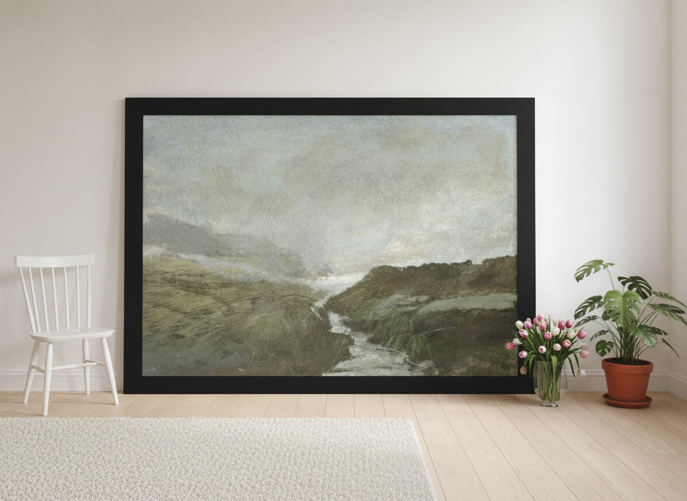 Oversized statement modern wall art print leaning against the wall in a bright Scandinavian bedroom