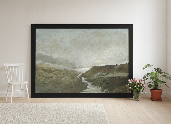 Oversized statement modern wall art print leaning against the wall in a bright Scandinavian bedroom