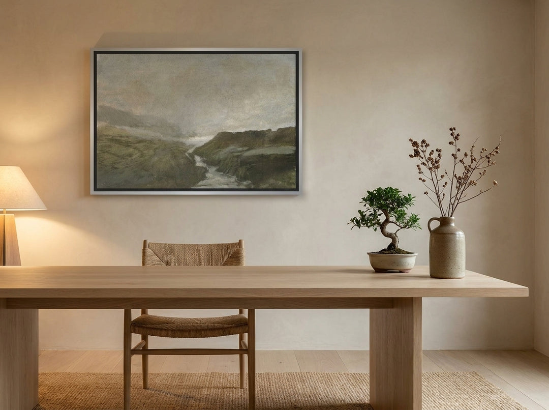 Canvas wall art with a silver leaf surround styled on the wall in a warm Japandi home office