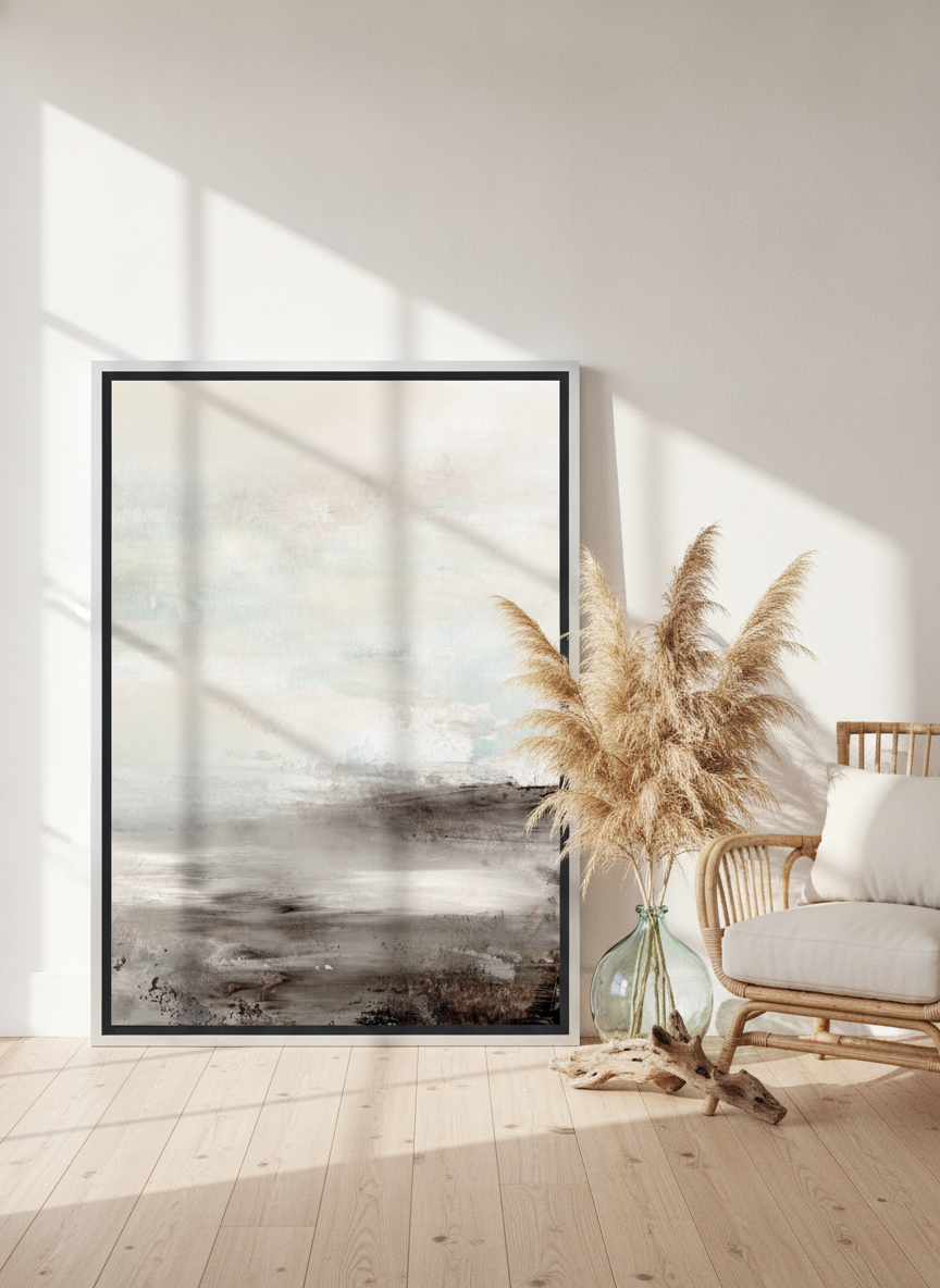 Oversized statement canvas wall art with a silver leaf surround leaning against the wall in a coastal living room