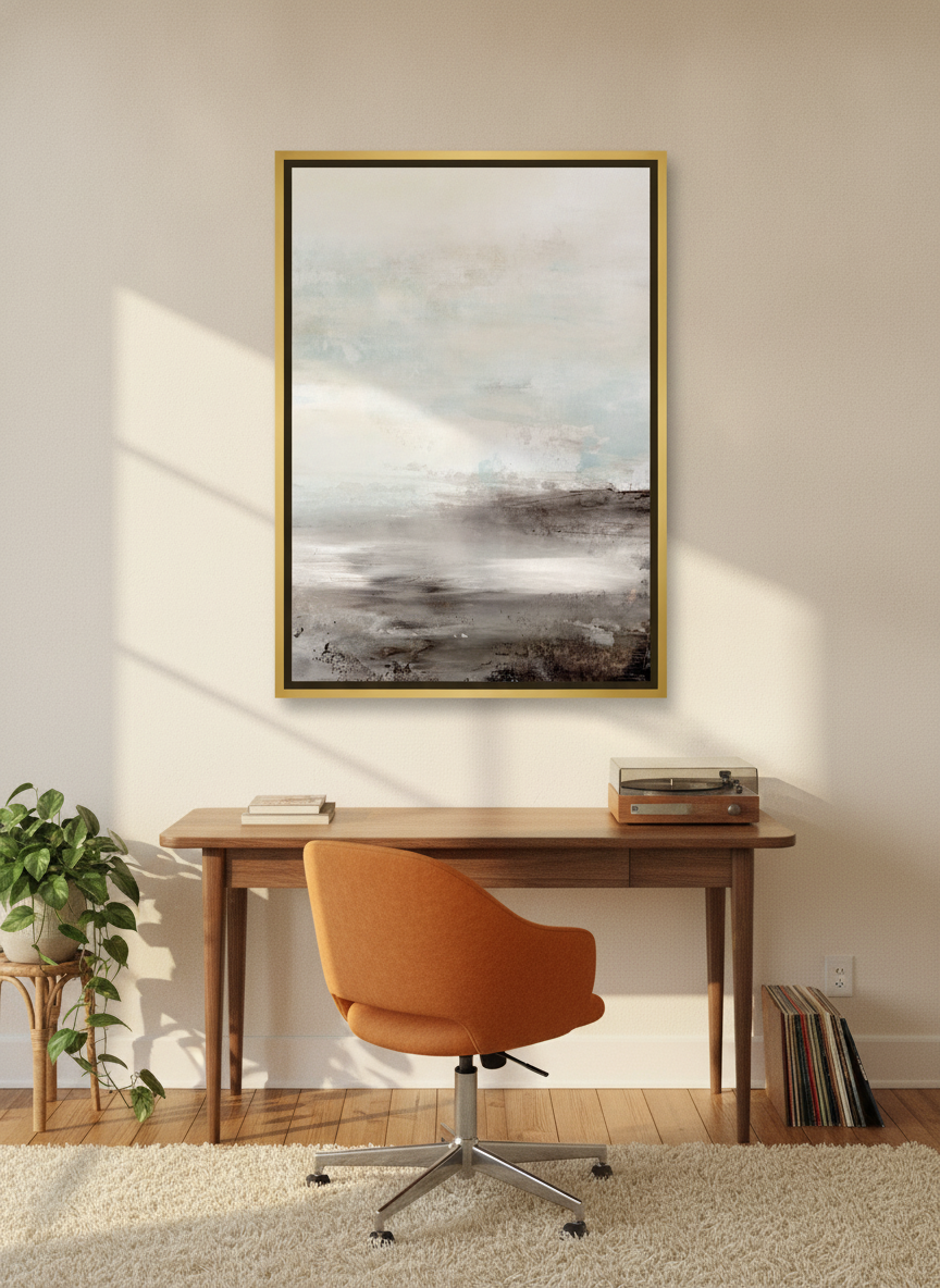 Canvas wall art with a gold leaf surround styled on the wall in a retro 70s home office