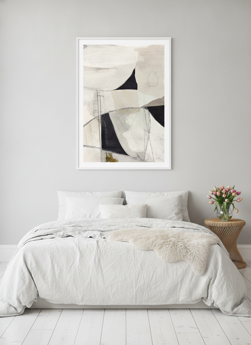 Modern wall art print styled on the wall in a bright Scandinavian bedroom
